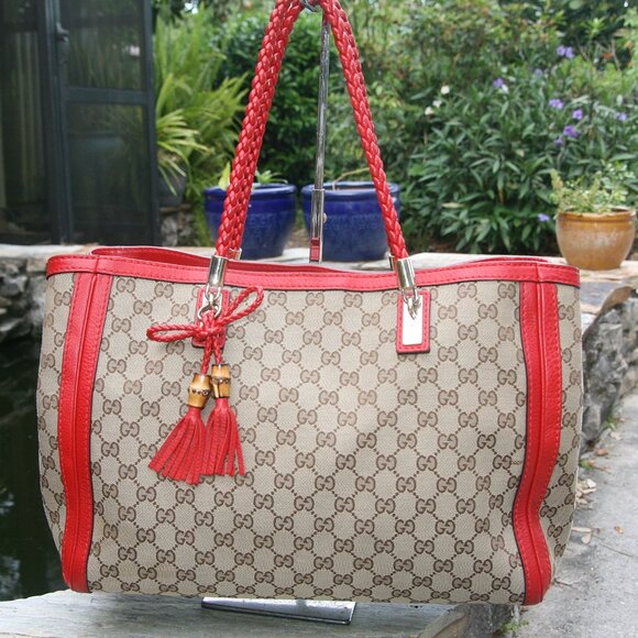 GUCCI BELLA TOTE BAG MONOGRAM CANVAS WITH RED LEATHER TRIM 100% AUTHENTIC - Picture 2 of 16